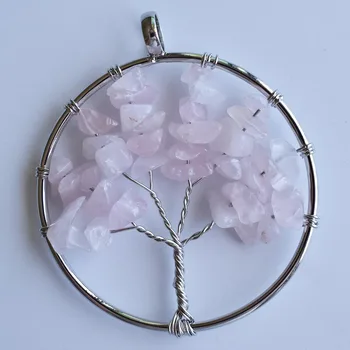  Veľkoobchod 12pcs/veľa módny prírodný kameň ružový Strom života ručné drôt zabalené Prívesky 50mm pre náhrdelník označenie zadarmo