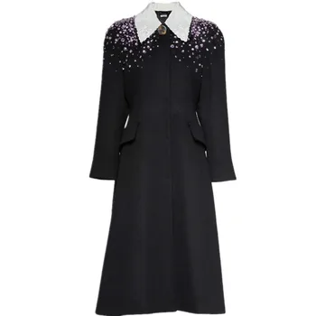  Záťah práce módne lištovanie diamond black vlnené kabát ženy francúzsky štýl elegantný retro dlhý kabát