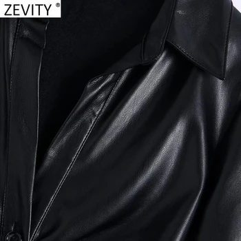  Zevity 2021 Ženy Vintage Singel svojim Skladaný Dizajn Slim Blúzka Office Lady Black PU Kožené Elegantné Košele Blusas Topy LS9743