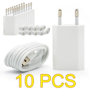  10PCS/Veľa Stenu EÚ Plug Biela Farba USB Nabíjačka Pre iPhone, 8 Pin Nabíjací Kábel + Nabíjačka Adaptér Pre Apple iPhone 6 7 Plus 5S 5