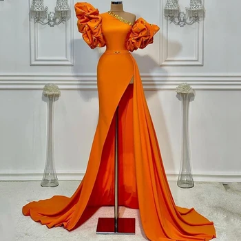  Thinyfull Sexy Šiat Prom Orange Satin Obrúb Večerné Šaty Saudská Arábia Morská Víla 2021 Vysoká Rozdeliť Dlho Koktail Party Šaty