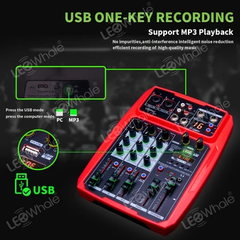  LEOwhale Pro 4 Kanálový DJ Audio Mixer Rozhranie Konzoly s 16 DSP Digitálne Účinok Monito,Bluetooth,USB, Karaoke PC Nahrávanie