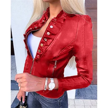  2021 Jeseň Slim Faux Kožený Kabát Ženy New Black Red Krátke Topy Kabát Zimný Plus Veľkosť Módne PU Kožené Sako Žena N1413