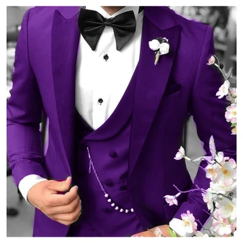  Najnovšie Vrchol Klope pánske Purple Obleky šité Jedno Tlačidlo Módy Bežné Nosenie Sako 3 Kusy Slim Fit （Bunda + Vesta + Nohavice)