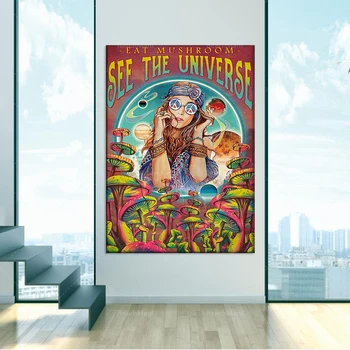  Hippie dievča húb, lov jesť huby sledovanie vesmíru plagát fajčenie smoke weed domáce dekorácie plagát