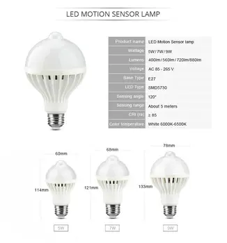  5W 7W E27 9W PIR Telo, Pohybový Senzor Lampa LED Žiarovka Auto Smart Led Infračervené Lampy, Nočné Svetlo Na Schody Biele Svetlo