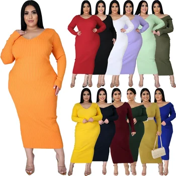  Farbou Sukne Sexy Plus Veľkosť 5XL Šaty Pletený Rebrovaný Bodycon pre Ženy tvaru Dlhý Rukáv Dámske