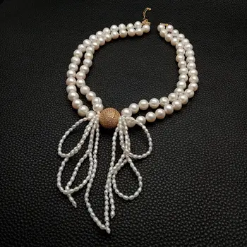  Y. YING 2 Riadky Sladkovodných Kultivovaných White Pearl Náhrdelník Bowknot Módne Desigh Šperky 16