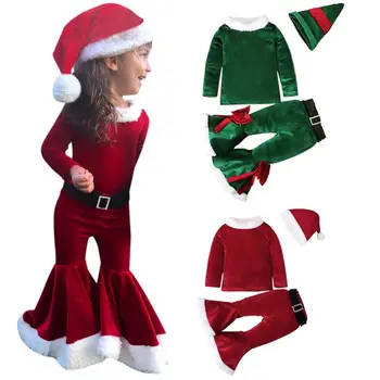  3ks Dieťa Vianočné Oblečenie Nastaviť Pulóver s Dlhým Rukávom Top Bell Spodnej+Klobúk Velvet Vianoce, Santa Claus Kostým Batoľa Oblečenie 2-8T