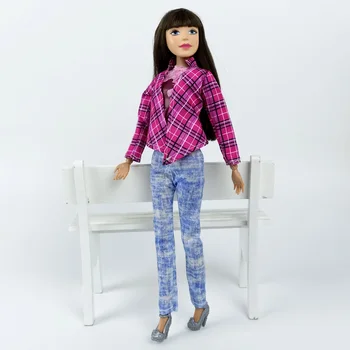  1Set Módne Oblečenie Pre Barbie Doll Oblečenie Ružová Ručné Plaided Kabát Vesta Jeans Denim Nohavice Pre Barbie domček pre bábiky Príslušenstvo
