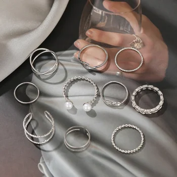  10 kusov nastaviť Zliatiny Pearl Geometrické Prsteň Nastaviteľné Otváranie Šperky Strany Darček Prstene pre Ženy Osobnosti Dizajn Prsteň