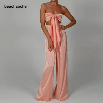  Beachapche Multi-Way Broskyňa Satin Bikiny Hore a Vysoký v strede zúžený Širokú Nohu, Nohavice Nohavice Nastaviť Ženy Sexy Oblečenie Elegantné dvojdielne plavky