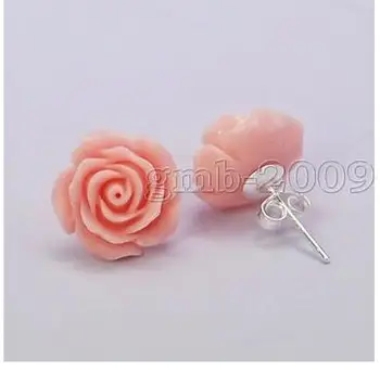  Lady Žien Celkom 12 mm Coral Pink Rose Flower 925 Stud Náušnice Prírodného kameňa na chlieb Earing veľké earringsWomen Strany,