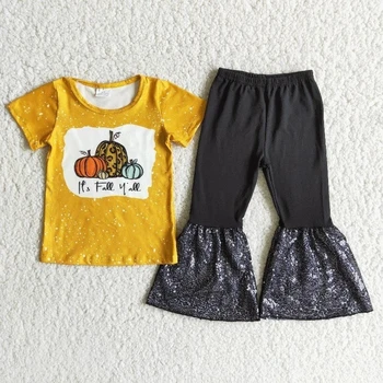  Veľkoobchod Deti Baby Dievča Oblečenie Set sa Dieťa Vďakyvzdania Oranžová Tekvica Tričko Jeseň Lístie Bell dnom Nohavice, Oblečenie, Oblečenie