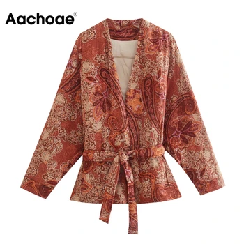  Aachoae Ženy Vintage Kvetinový Tlač Bundy Kabáty Chic V Krku Batwing Dlhý Rukáv Kabáty S Pásom Ženská Móda Jeseň Vrchné Oblečenie