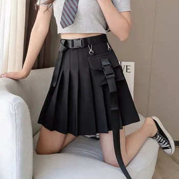  YBYR Vysoký Pás Mini Black Sukne Módne Ženy Skladaná Sukňa S Bag Gotický Streetwear Bežné College Harajuku Sukne