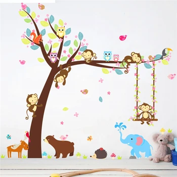  Cartoon 2ks 104*116cm lesné zvieratá swing strom stenu nálepka pre deti izba dekor medveď, sova opice wall art obtlačky diy pvc nástenná maľba