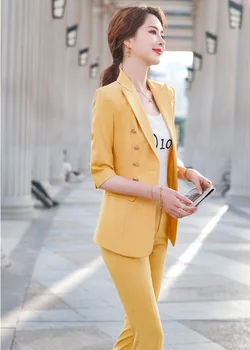  Elegantné Žltá Formálne Ženy Oblekoch, Jar Leto Polovičný Rukáv Úrad Práce Blejzre Profesionálne Nohavice Nastaviť Plus Veľkosť
