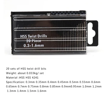  20pcs/box Mini HSS Micro rýchloreznej Ocele Twist Drill Bit Nastavený 0,3 mm-1,6 mm Model Plavidlá S Prípade Opravy Dielov 0,3 mm-1,6 mm