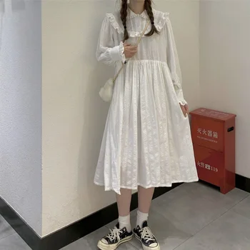  Biela Gothic Lolita Šaty Elegantné Ženy Jeseň Japonský Kawaii Šaty Svietidla Dlhý Rukáv Kórejský Šaty Dievča Volánikmi Víla Šaty