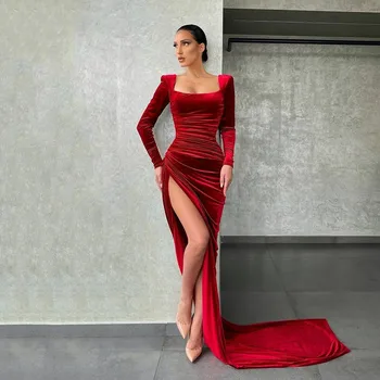  BridalAffair Červená Velúrové Jednoduché Prom Šaty, Sexy Námestie Krku, Dlhými Rukávmi Strane Pozdĺžneho Formálnej Strany Plášte vestidos de fiesta