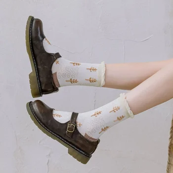  Retro Ponožky Ženy Kvetinové Výšivky Harajuku Vintage Streetwear Posádky Ponožky Zvieratá Karikatúra Roztomilý Japonské Kawaii Dievča, Žena Ponožky
