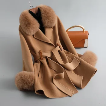  2021 Nová Vlna Kabát obojstranné Cashmere Reálne Kožušinový Kabát Zimný Ženy Lady Nad Veľkosť Vlny Zmesi Vetrovka Výkopu Cape Fox Golier