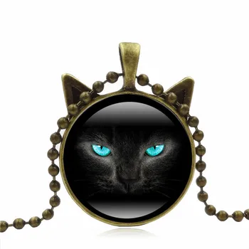  Vintage Šperky Čierne Mačky Čas Drahý Kameň Náhrdelník S Príveskom, Modré Oči Mačky Ušné Sklo Náhrdelníky Kúzlo Darček Pre Ženy