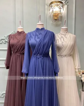  Elegantné Dubaj Kaftan Dlhý Rukáv Formálne Šaty 2022 Korálky Čipky A Tylu A-Line Arabské Moslimské Hidžáb Večerné Šaty Abiye Gece Elbisesi