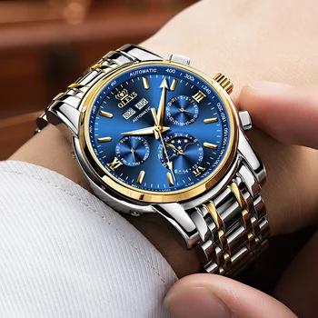  OLEVS Automatické Hodinky Muži Mechanické Náramkové hodinky Luxusné Šaty Fázy Mesiaca Nerezovej Ocele, Vodotesné Svetelný Náramkové hodinky