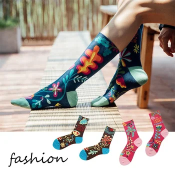  Tvorivosť Trend Ženy Ponožky Nové Jeseň Osobnosti Vrhu Kvetina Tlače Polovici Teľa Vata Farba Harajuku Sweet Lady Ponožka