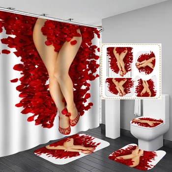  3D Sexy Krása Nohu Sprchový Záves Valentína Koberec, Vodotesný, Anti-slip Wc Mat Nastaviť Cortinas De Baño Kúpeľňa