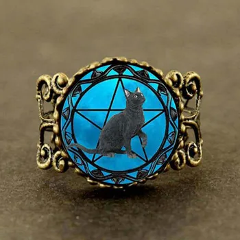  Čierna Mačka Krúžok wiccan golier Wicca Pentagram modré Sklenené Krúžok cristal colgante Wicca golier