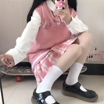  Cartoon Malý Diabol Pletený Sveter Vesta Kawaii Anime Kuromi Dievčatá Knitwear Topy Voľné Sladké College Svetre Nádrž Košele A Obleky