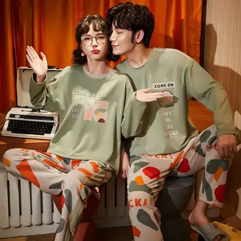  Ženy Pajama Sady Sleepwear Pary Vytlačené Bavlna Okrúhlym Výstrihom, Dlhý Rukáv Cartoon Krásne Voľné Domov Kórejský Salónik Pyžamá Bežné