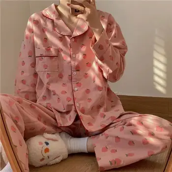  Kupokasi Trendy Ženy Pyžamo Sady Jeseň Dlhým rukávom Nohavice Roztomilý Kreslený Cardigan oblečenie pre voľný čas Oblek Kawaii Pajama Sleepwear