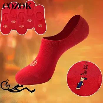  5 Párov Čínsky Štýl, Červené Ponožky Muži Ženy Pár Nízky Rez Loď Ponožky Festival Šťastie, Šťastný Ponožky Neviditeľné protišmykové Ponožky, Papuče