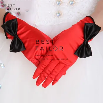  Krátke Červené Svadobné Svadobné Ruky Rukavice Prst Black Bow Saténové Putá Halloween Zvláštne Príležitosti Príslušenstvo Mariage gant femme