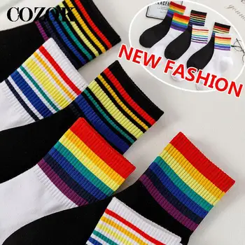  3Pairs/veľa Bavlna Rainbow Ponožky Ženy Prekladané Módne kórejský Streetwear Ponožky Teplé Zábavné Harajuku Krátke Jar Jeseň Šťastný Ponožky
