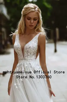  Sexy Elegantné Boho Biele Svadobné Šaty 2021 V Krku Čipky Appliques A-line Tylu Jednoduché Plus Veľkosť Svadobné Šaty Plážové Šaty