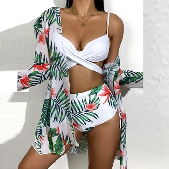  2021 Lete Print Cover-Up + Vysoký Pás Plavky Biquini Módne Tri Kus Ženy Bikini Set Sexi Push Up Plavky, Plavky