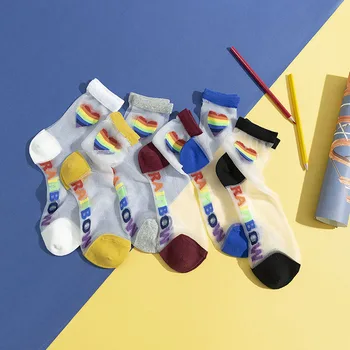  Transparentné Rainbow Zábavné Ponožky Ženy Kawaii Harajuku Tenké Sklo, Hodváb Ponožky Kórejský Štýl Farebné Roztomilý Calcetines Mujer Sokken