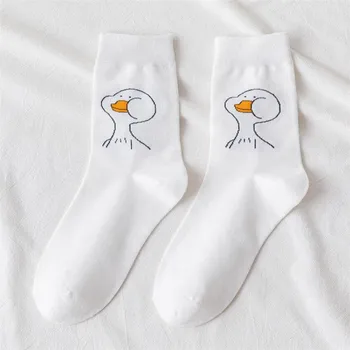  5Pairs dámske Dlhé Ponožky Street Style šťastný Bavlnené Ponožky Dámy A Ženy, Čierne Biele Kačacie Vzorované Hip Hop Ponožka
