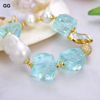  GuaiGuai Šperky Prírodné Perly Umelo Pestované Biela Keshi Pearl Biwa Pearl Modré Sklo, Kremeň Hrubý Náramok 8