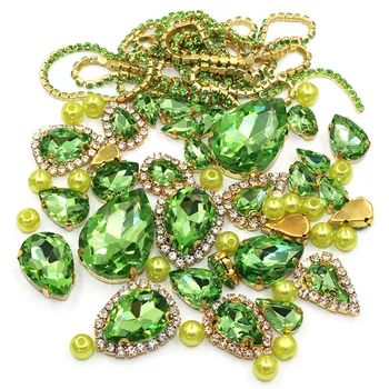  Svadobné Dekorácie gold base Svetlo zelená Mix veľkosť Sklo Krištáľ Kamene Perla Korálky Pohár Reťazca Rim Kamienkami Šiť Oblečenie