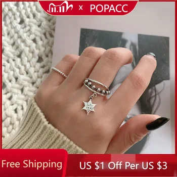  POPACC 925 Sterling Silver Mutil-vrstva Pentagram Prívesok Thai Strieborný Prsteň Otvorené Prst Prsteň Pre Ženy, Darčeky, Šperky