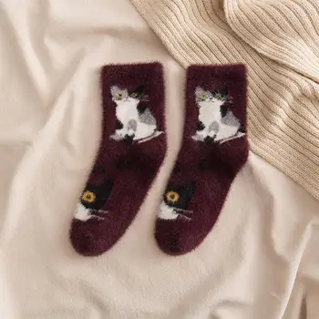  Zviera Mačka Candy Teplé Roztomilý Zimné Kawaii Hrubé Bežné Pohodlné Ženy, Fuzzy Načechraný Terry Noriek Kožušiny Ponožky Krátke Bavlnené Ponožky