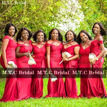  Vynikajúce Červená Morská Víla Afriky Bridesmaid, Šaty Lištovanie Popruhy Ramena Saténové Svadobné Party Maid Of Honor Plášte