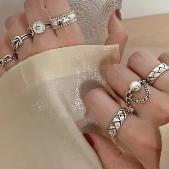  Skutočné 925 Sterling Silver Prst Prstene Pre Ženy Nepravidelný Retro Chain Trendy Jemné Šperky Veľké Nastaviteľné Starožitné Krúžky Anillos