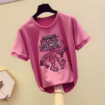  Cakucool Letné Tee Topy Ženy Flitrami Robot Pulóver tričko Krátky Rukáv O-krku Šik Dievčatá Tees Voľné Bežné Tričko ružové Femme